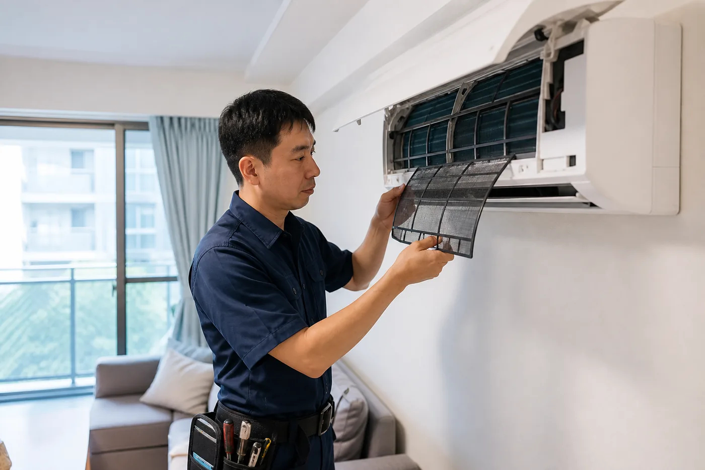 技師檢查壁掛式冷氣室內機