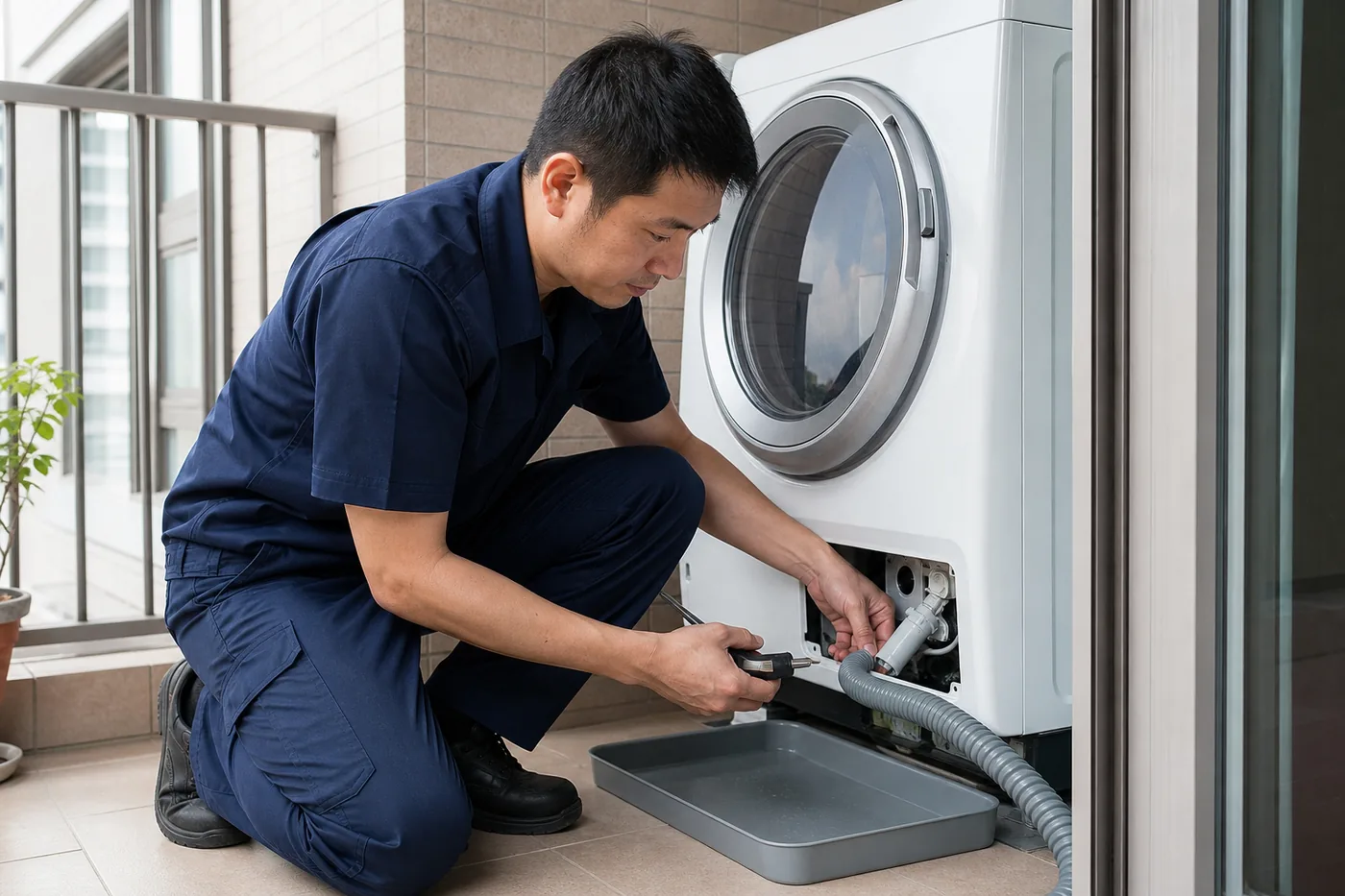 技師檢查滾筒洗衣機